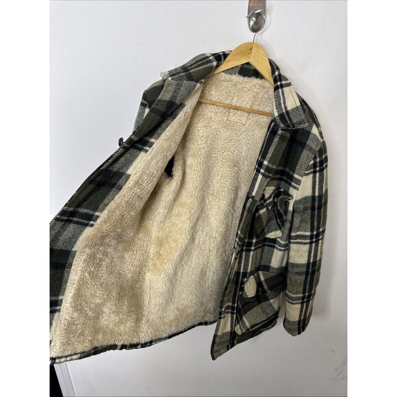 Vintage Wool Green Plaid Shacket Sherpa Lined 70s Thick - Picture 7 of 7